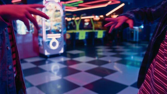 Slowmo closeup of hands of two unrecognizable young friends in casual outfits meeting together, greeting each other and bumping fists, while hanging out at gaming arcade on weekend