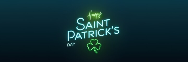 A creative minimalist Saint Patrick's Day poster with a neon theme. The text "Happy Saint Patrick's Day" is written in a bold, cursive font. Below the text, there is a green shamrock. 