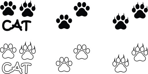 Fototapeta premium Cat paw print design flat and line icon set. Black vector collection isolated on transparent background. Footprint pet step symbol for animal zoo, vet logo element apps and websites.