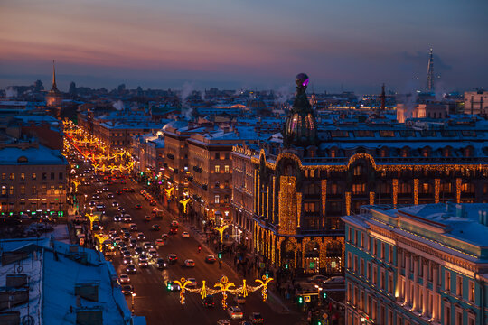 Aerial view of festively decorated Nevsky Prospect and the House of Books from the Dumskaya Tower.