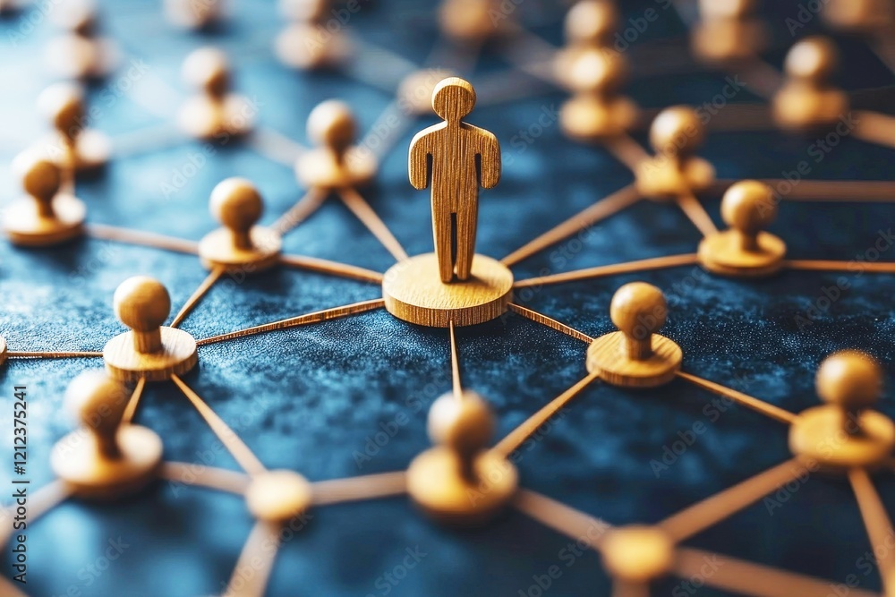 Poster connected: a conceptual image featuring wooden figurines connected by string, symbolizing a network 