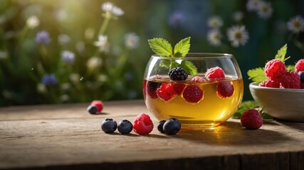 A refreshing beverage with berries in a natural setting.