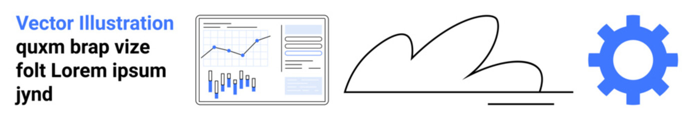 Bar and line charts on a computer screen, stylized cloud drawing, blue gear. Ideal for technology, data analysis, cloud computing, software engineering, tech services, IT solutions, minimal design