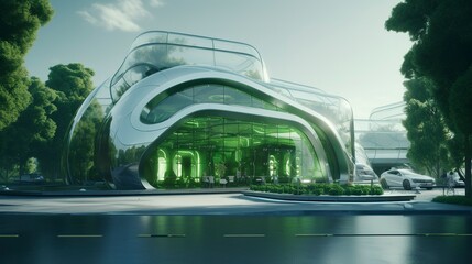 Naklejka premium Futuristic eco-friendly architecture with greenery, set in a serene landscape