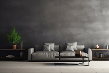 Contemporary interior design showcasing a minimalist aesthetic with a gray sofa, dark wall, and stylish decor