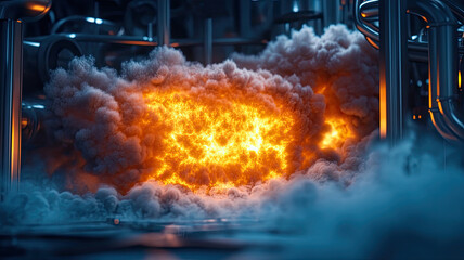 Fiery explosion in industrial setting with smoke and glowing heat
