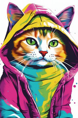 Green-eyed ginger cat in a hood, modern bright multicolored pop art illustration