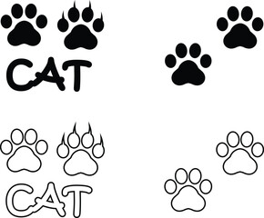 Cat paw print design flat and line icon set. Black vector collection isolated on transparent background. Footprint pet step symbol for animal zoo, vet logo element apps and websites.