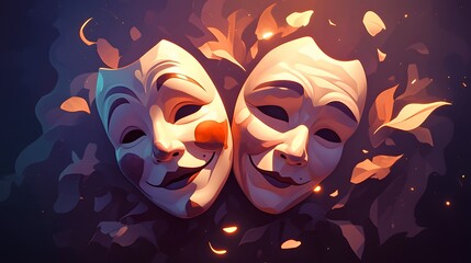 A comedy and tragedy theatrical mask illustration set against a dark background