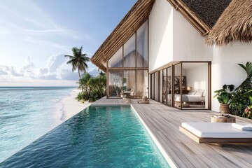 Fototapeta premium A 3D-rendered depiction of a luxurious Zanzibar villa on stilts, with a deck overlooking turquoise waters and vibrant tropical plants surrounding it