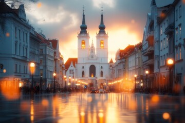 Fototapeta premium A 3D-rendered illustration of Zagreb Ban JelaÄiÄ‡ Square at sunset, with vibrant lighting and hyper-realistic textures of the surrounding buildings