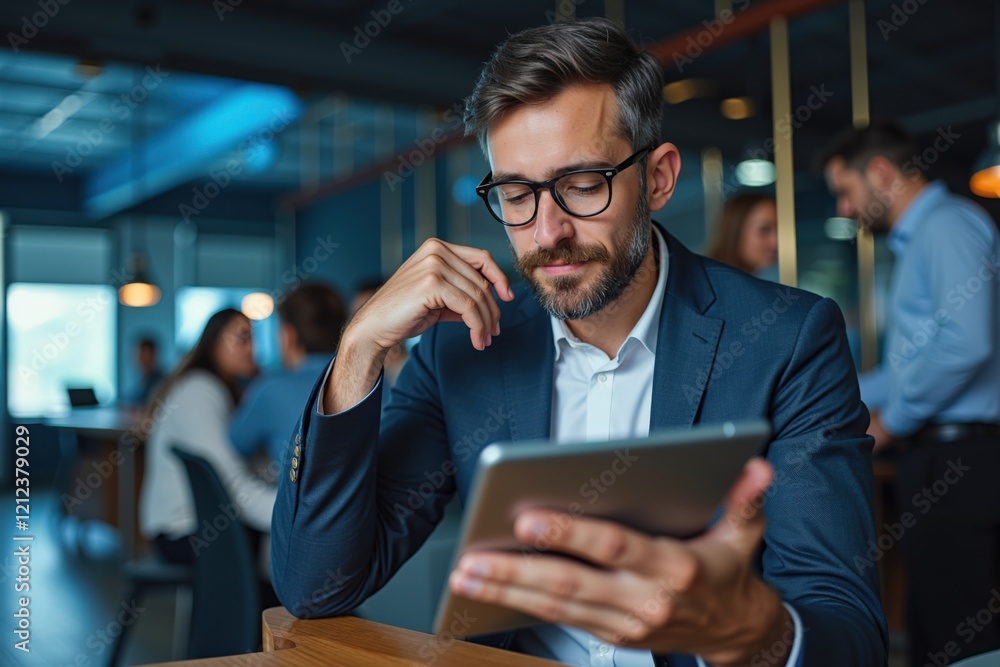 Poster focused businessman working on tablet in modern office environment while collaborating with colleagu