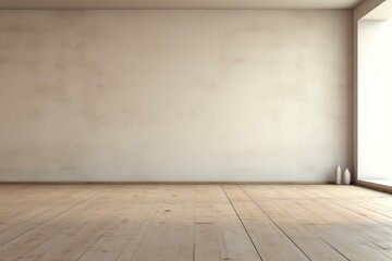 Fototapeta premium Interior of empty room with wooden floor and beige wall illuminated by sunlight