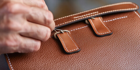 Hand stitching leather bag with precision and care, showcasing craftsmanship