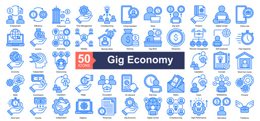 Obraz premium Gig Economy Icon Collection Set.Containing Employment, Efficiency, Outsource, Time management, Crowdsourcing, Virtual Assistant, Work, Gig work icon. Simple blue style Vector Illustration. 