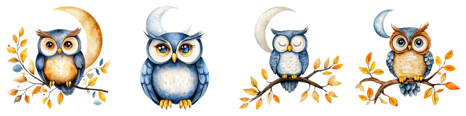 Obraz premium cute tiny animal and clipart concept. Four whimsical owls perched on branches under a crescent moon backdrop. on Transparent background.