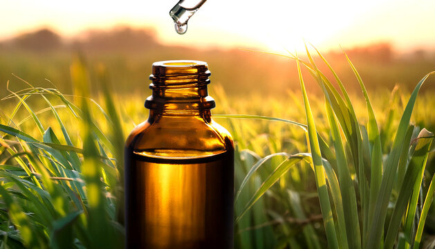 Lemongrass field, glass pipette, Cymbopogon citratus oil drop, essential oil, amber glass bottle, sun, aromatherapy,  aromaterapia, &oacute;leo essencial de capim lim&atilde;o