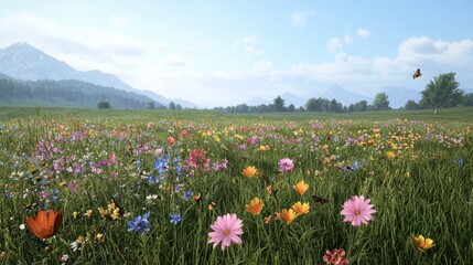 Vibrant Wildflower Meadow with Mountain View and Butterflies