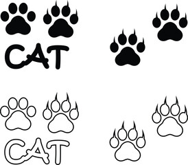 Cat paw print design flat and line icon set. Black vector collection isolated on transparent background. Footprint pet step symbol for animal zoo, vet logo element apps and websites.