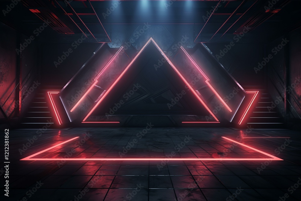 Poster glowing red neon lights highlight a futuristic metallic stage featuring triangular structures and st