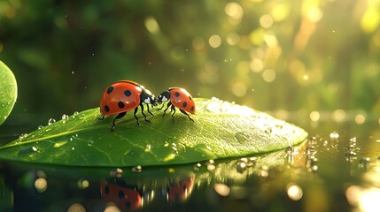Naklejka premium Two ladybugs meet on a dew-kissed leaf in the sunlit garden. A tranquil scene of nature's beauty and gentle encounters.