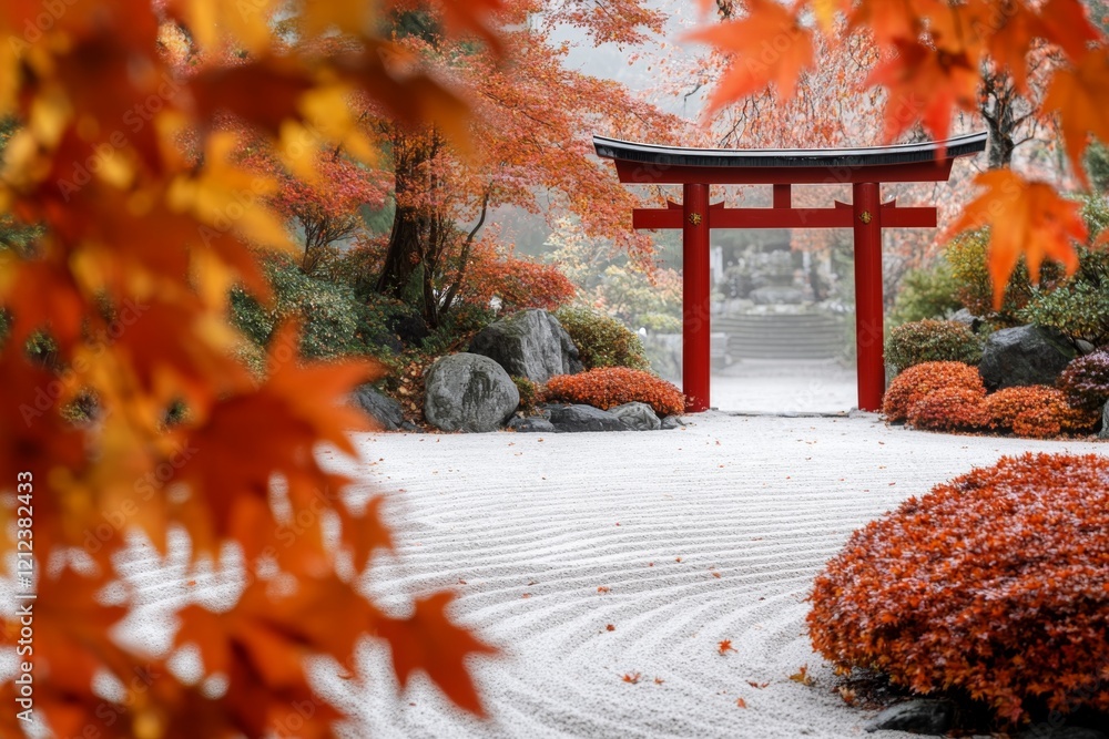 Poster a calming zen garden scene with a simple red torii gate framed by delicate ferns and maple leaves, o