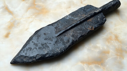 This is an old, rusty, dark metal spear tip with a sharp, pointed shape
