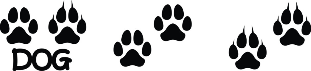 Dog paw print design flat and line icon set. Black vector collection isolated on transparent background. Footprint pet step symbol for animal zoo, vet logo element apps and websites.
