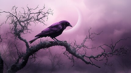 Purple crow on bare branch, moonlit night, misty forest, Halloween imagery