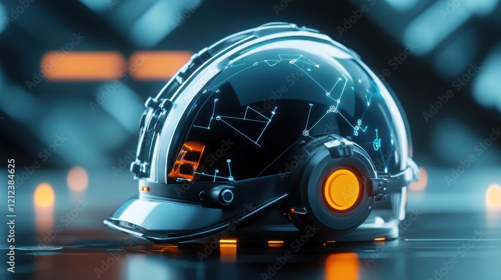 Poster engineers with advanced helmets and environmental scanners in a futuristic lab