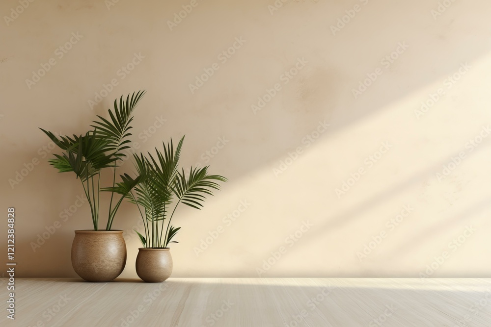 Poster potted plants adding a touch of nature to a minimalist interior, illuminated by natural light stream