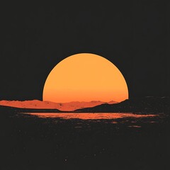 Obraz premium Sunrise over a dark landscape. A vibrant orange sun rises over a dark mountain range and a body of water. Potential use Stock photo for nature or digital art