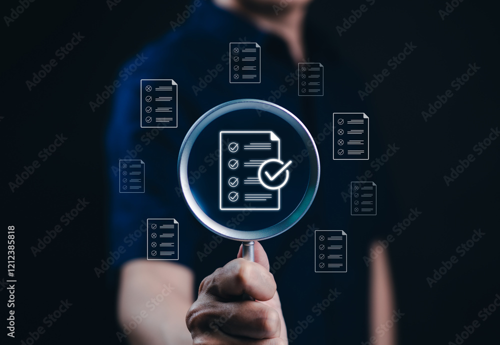 Poster document review process and quality control concept. hand holding magnifying glass over a document i