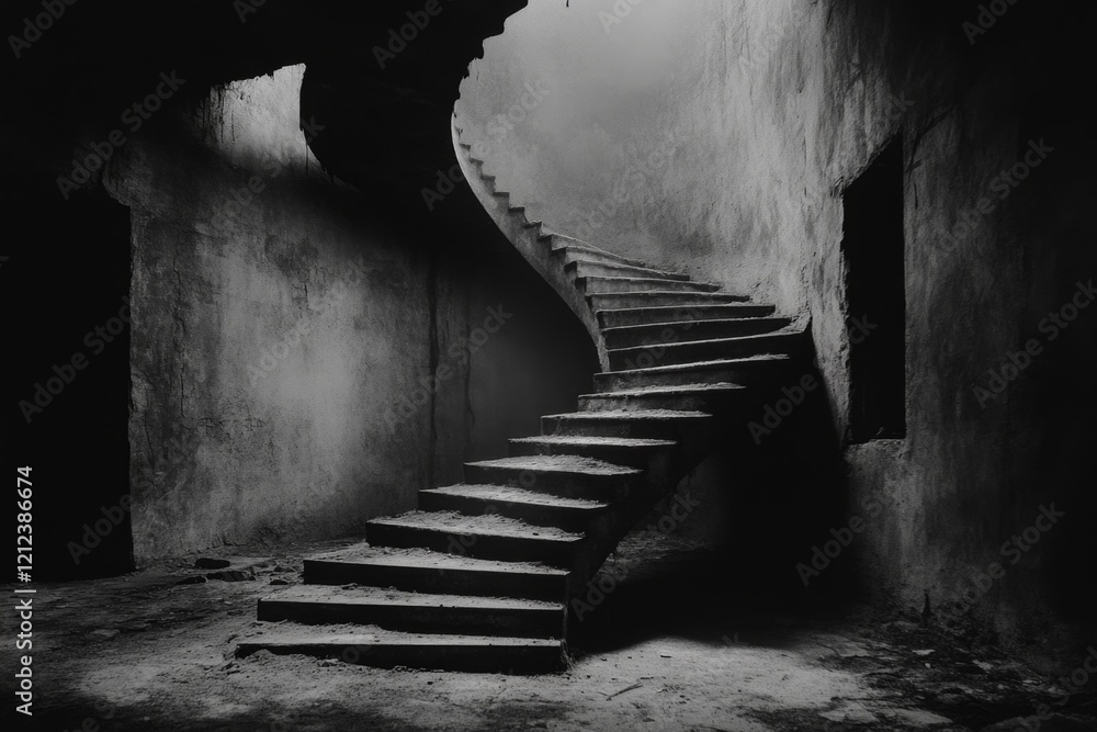 Poster a dark and moody depiction of a zigzag staircase in an abandoned castle, illuminated by faint candle