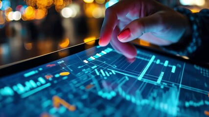Digital Nomad Analyzing Data: Close-up of a hand using a tablet displaying dynamic graphs and charts, representing data analysis, financial markets or technological innovation. - Powered by Adobe