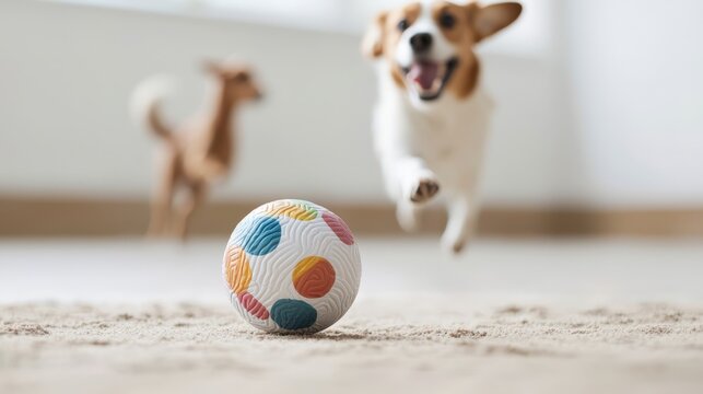 Eco-Friendly Pet Products for Your Pets. Happy dog chasing a colorful ball in a playful indoor setting.