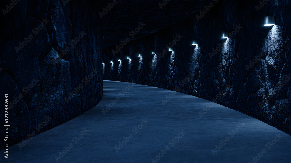 Poster a dimly lit tunnel with blue lights casting shadows on the stone walls, creating an atmospheric and 