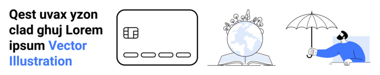 Text block, minimalist credit card icon, globe with leaves and an open book, person holding umbrella over box. Ideal for finance, education, sustainability, weather, design concepts branding