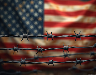 Barbed wire on the background of the USA flag for Illegal immigration concept