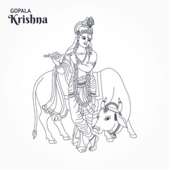 Beautiful lord young teen gopala krishna playing flute with cow lineart