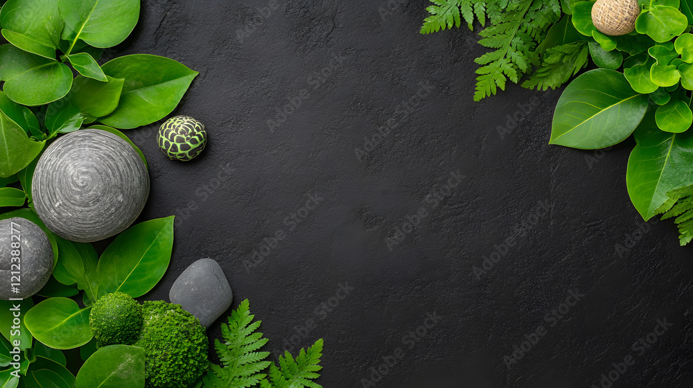 Poster a serene arrangement of green leaves and decorative stones on a dark surface, creating a calming and