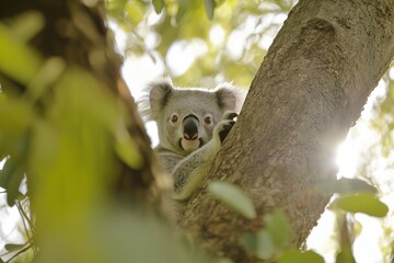 Obraz premium A curious koala bear climbing a eucalyptus tree.