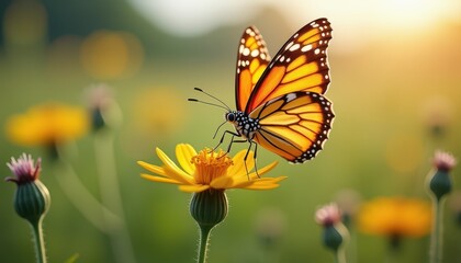 Fototapeta premium A vibrant monarch butterfly with orange and black wings is perched on a yellow flower in a sunlit meadow, symbolizing the beauty and renewal of spring
