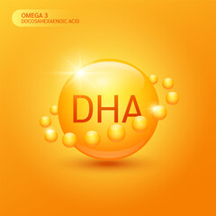 Orange DHA Docosahexaenoic acid. Omega 3 fish oil fatty acids. For nutrition products food health. Medical scientific concepts. 3D Vector illustration.