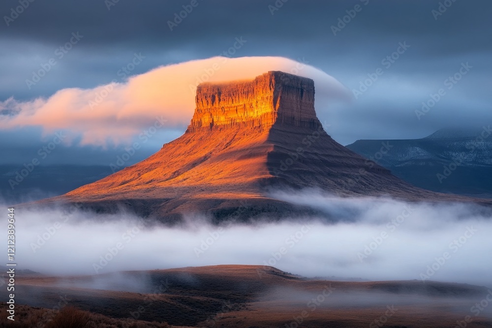 Poster a dramatic view of checkerboard mesa, with its unique cross-hatched sandstone patterns glowing under