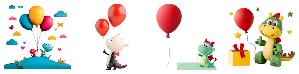 Fototapeta premium cute cartoon and clipart concept. Colorful cartoon characters play with balloons in a festive scene. on Transparent background.