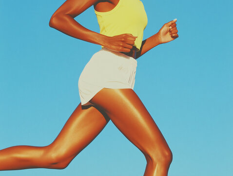 Dynamic Runner:  A close-up of an athlete's powerful stride, showcasing the dynamic movement and athleticism of a woman runner against a vibrant blue sky.  