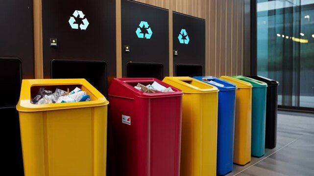 An image showcasing a stateoftheart waste management station with colorcoded bins for different types of waste promoting effective recycling initiatives.