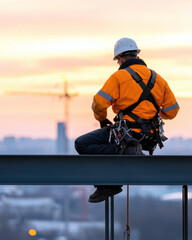 Construction Worker at Sunrise: A lone construction worker, clad in bright orange safety gear and a white hard hat, sits perched on a steel beam high above the city at sunrise.