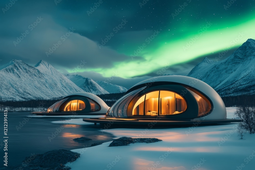 Poster a futuristic yukon scene with a domed city nestled in the wilderness, surrounded by snow-capped moun